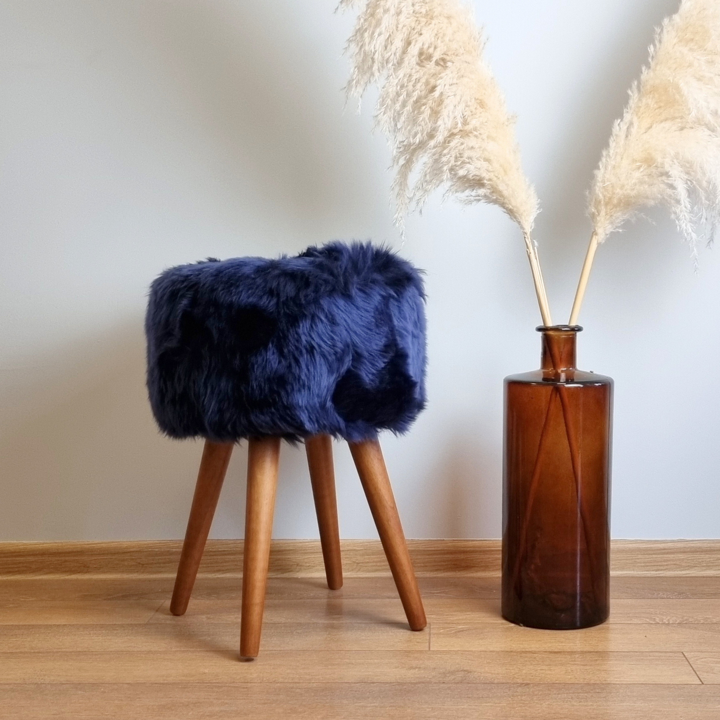 Shear Elegance – Dark Blue Sheepskin Stool