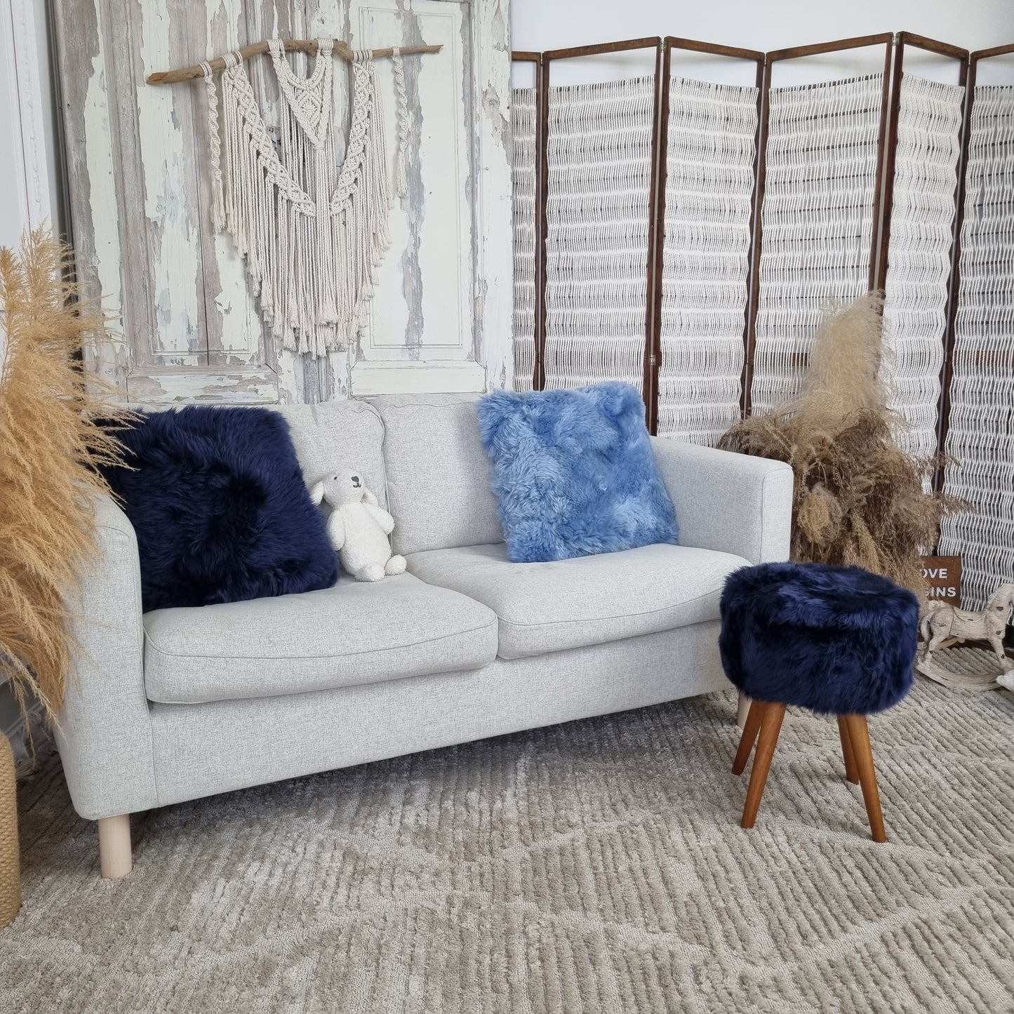 Shear Elegance – Dark Blue Sheepskin Stool